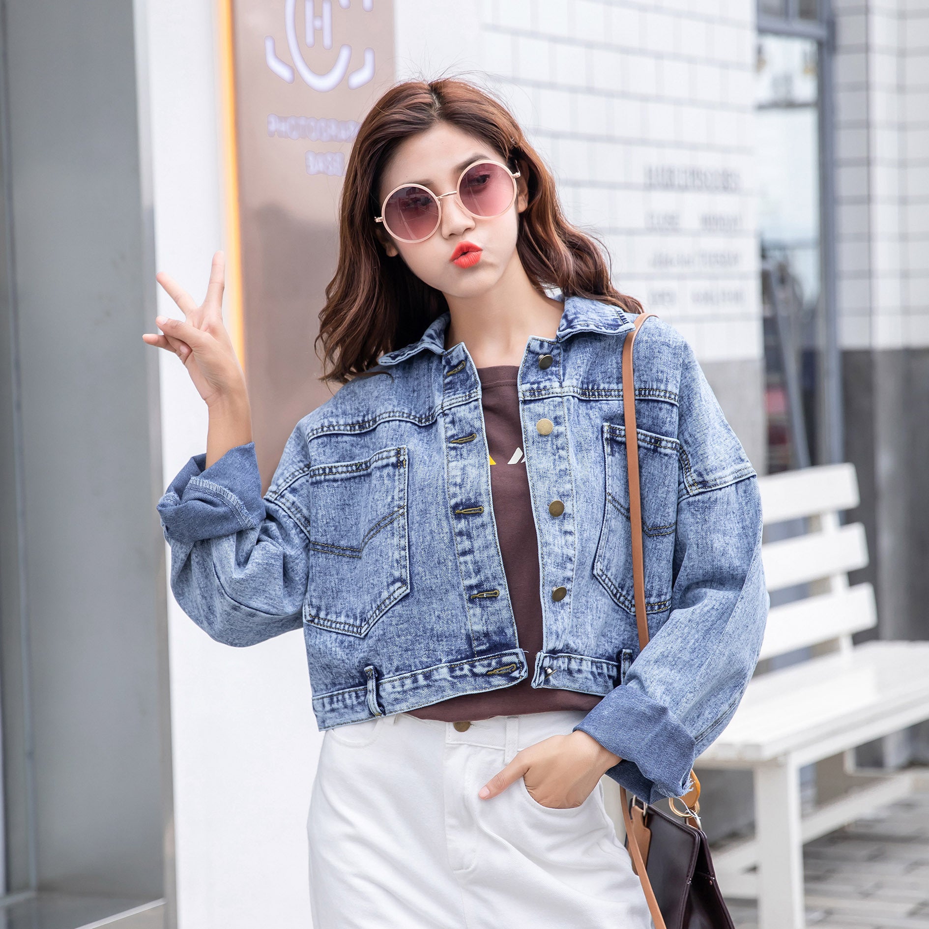 2025 Autumn and Winter New Retro Korean Style Bat Sleeve Denim Tops Women's Short Easiest for Match Loose Bf Tops Top