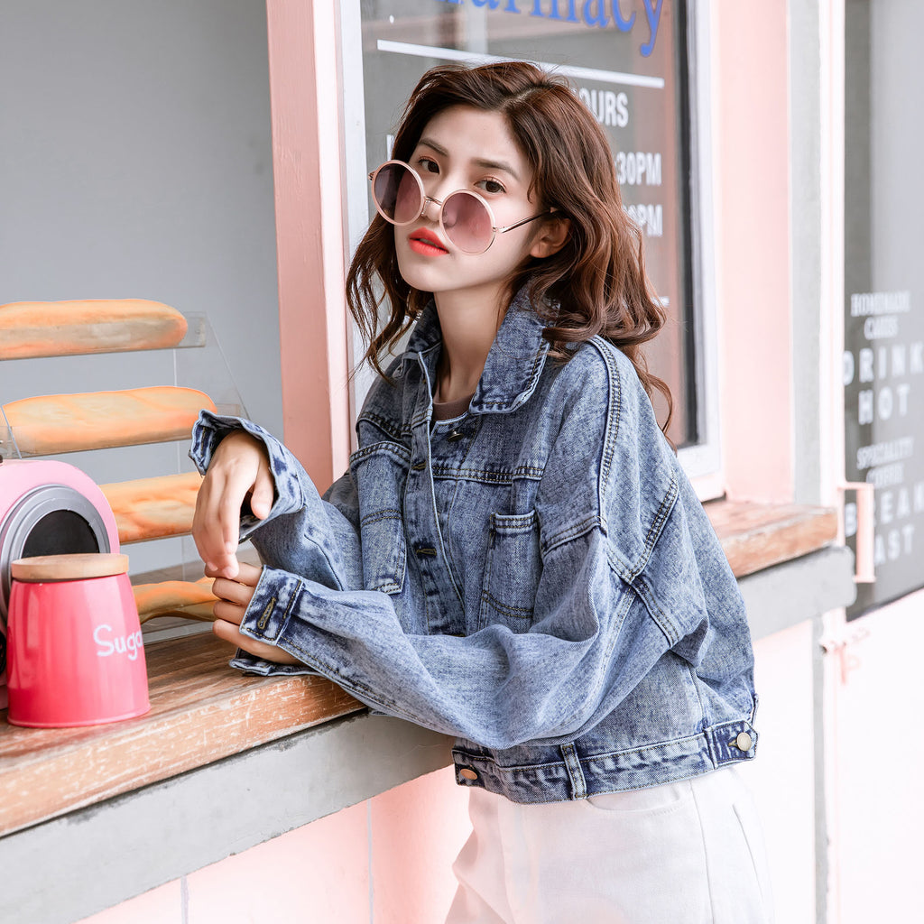 2025 Autumn and Winter New Retro Korean Style Bat Sleeve Denim Tops Women's Short Easiest for Match Loose Bf Tops Top