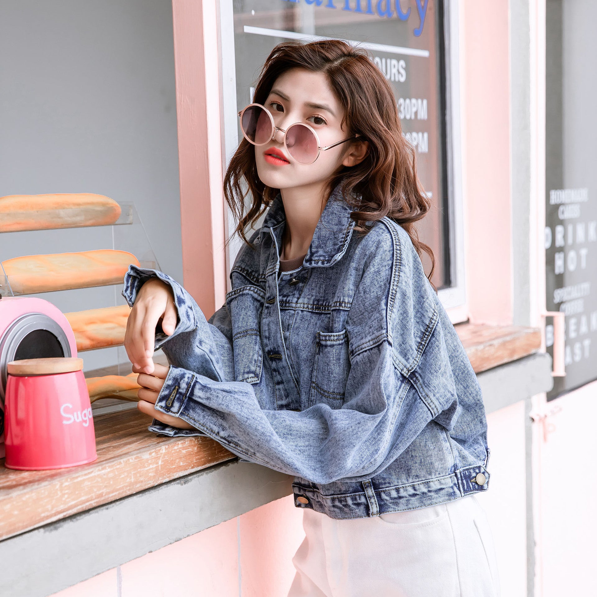 2025 Autumn and Winter New Retro Korean Style Bat Sleeve Denim Tops Women's Short Easiest for Match Loose Bf Tops Top