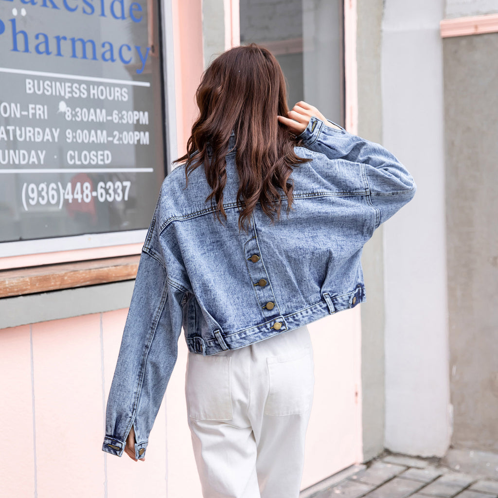 2025 Autumn and Winter New Retro Korean Style Bat Sleeve Denim Tops Women's Short Easiest for Match Loose Bf Tops Top