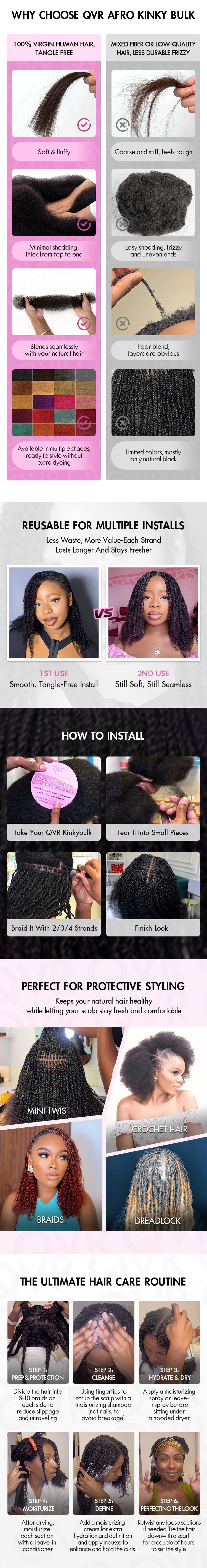 Black Pearl Top QVR Peruvian Kinky Curly Mini Twist Hair 50G/pc Afro Kinky Bulk Human Hair for Braiding 100% Remy Hair Bundles