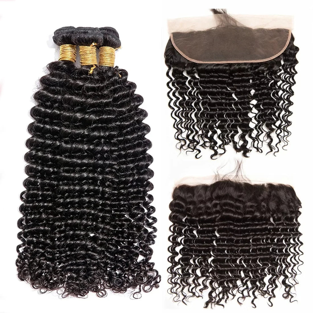 Burmese Curly Bundles with Frontal 100% Human Hair Weave Deep Wave Bundles and Closure Curly Bundles and Frontal For Extension