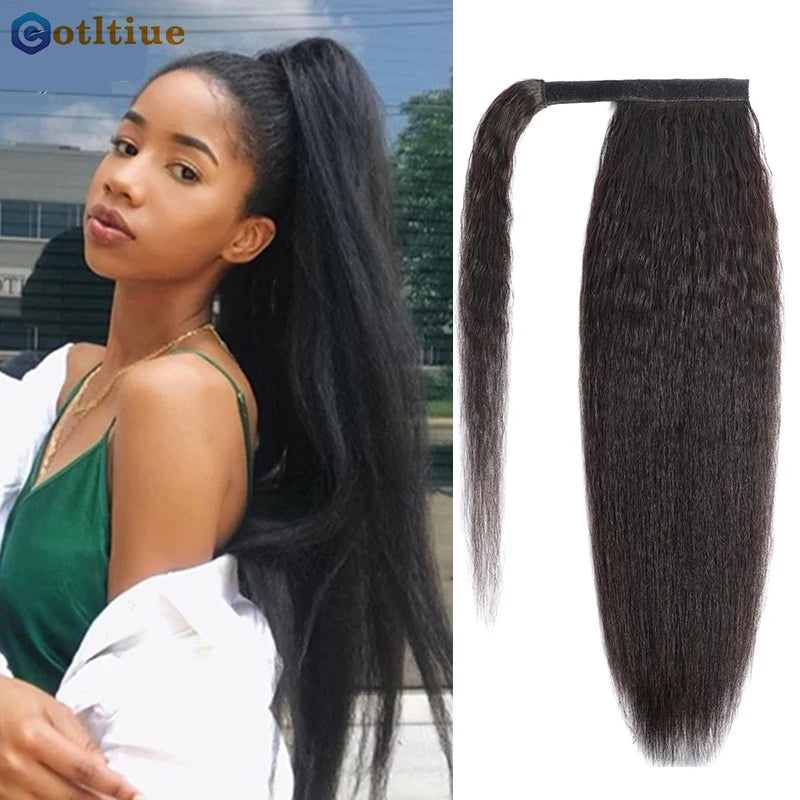 15A Body Wave Ponytail Human Hair Wrap Around Clip in Hairpiece Remy 3C Pony Tail Kinky Curly Ponytail Kinky Straight Ponytail