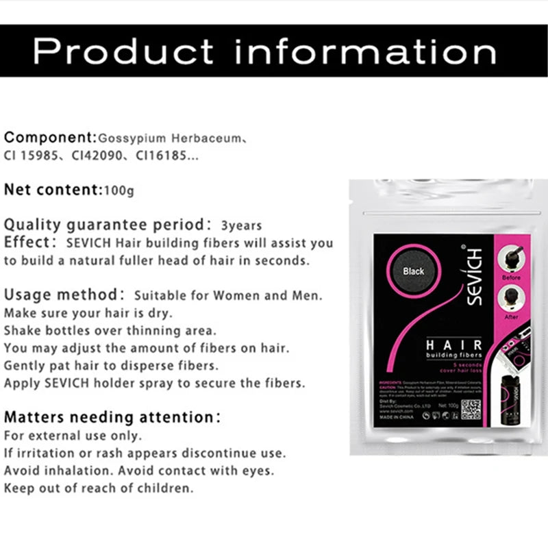 Sevich Refill 100g Hair Fiber Hair Loss Products Hair Building Fibers Powders Thicken Thin Hair 10 Colors Keratin Hair Regrowth