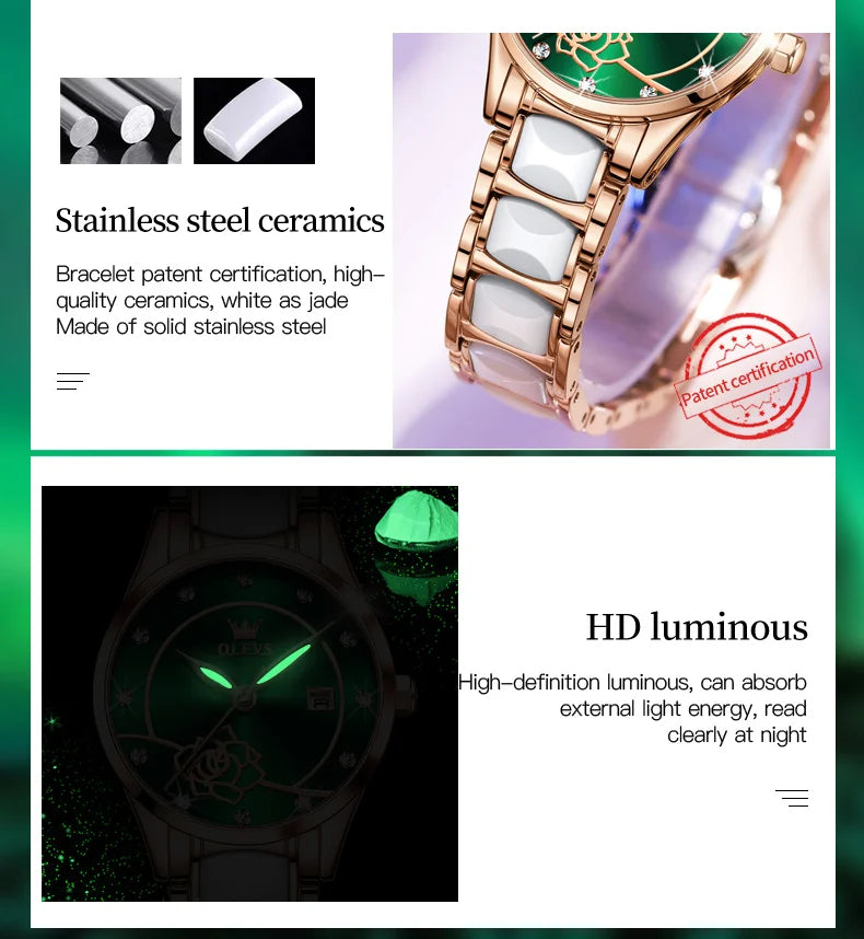 OLEVS Luxury Women Watch Camellia Quartz Japan Movement 30M Waterproof Watch For Women Ceramics Women Wristwatch