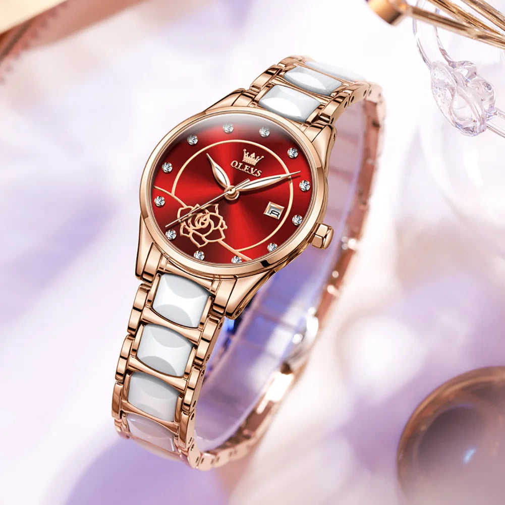 OLEVS Luxury Women Watch Camellia Quartz Japan Movement 30M Waterproof Watch For Women Ceramics Women Wristwatch
