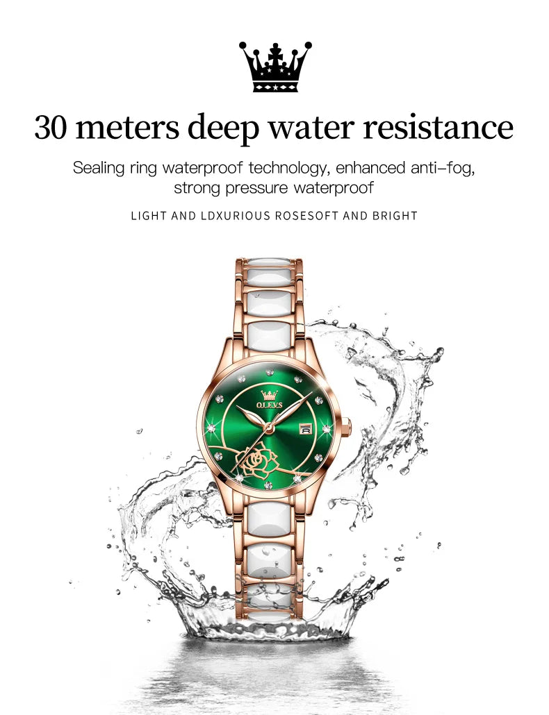 OLEVS Luxury Women Watch Camellia Quartz Japan Movement 30M Waterproof Watch For Women Ceramics Women Wristwatch