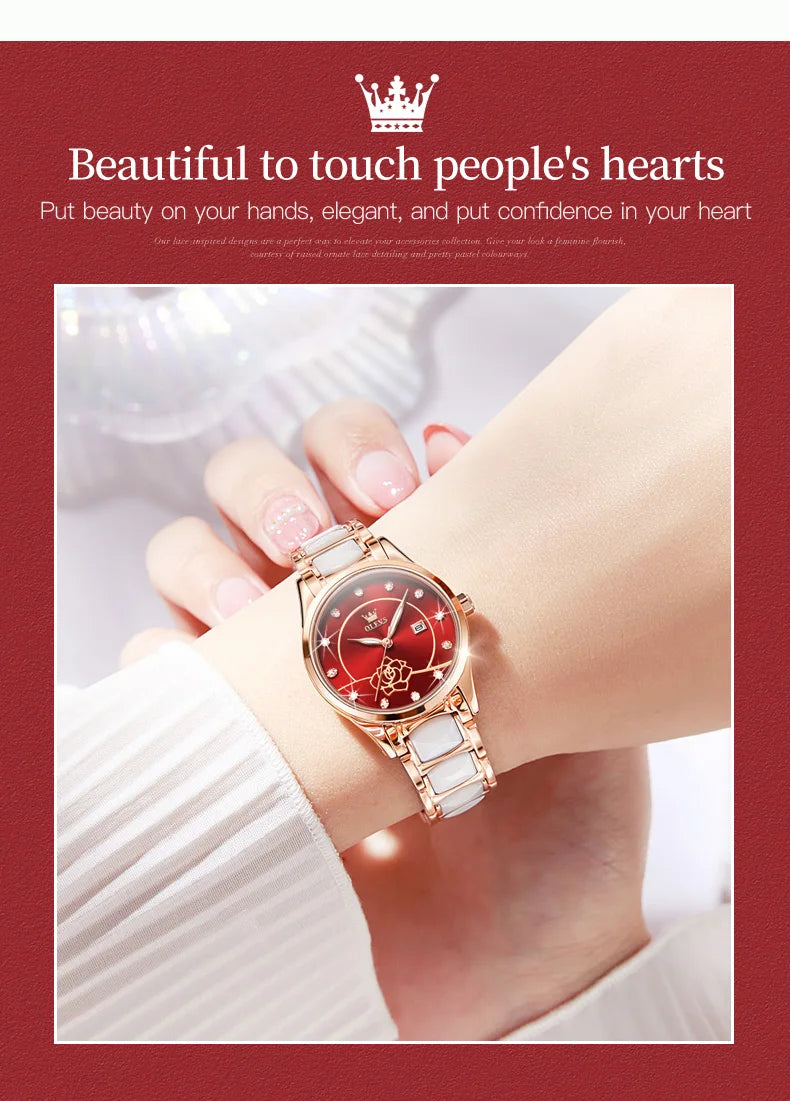 OLEVS Luxury Women Watch Camellia Quartz Japan Movement 30M Waterproof Watch For Women Ceramics Women Wristwatch