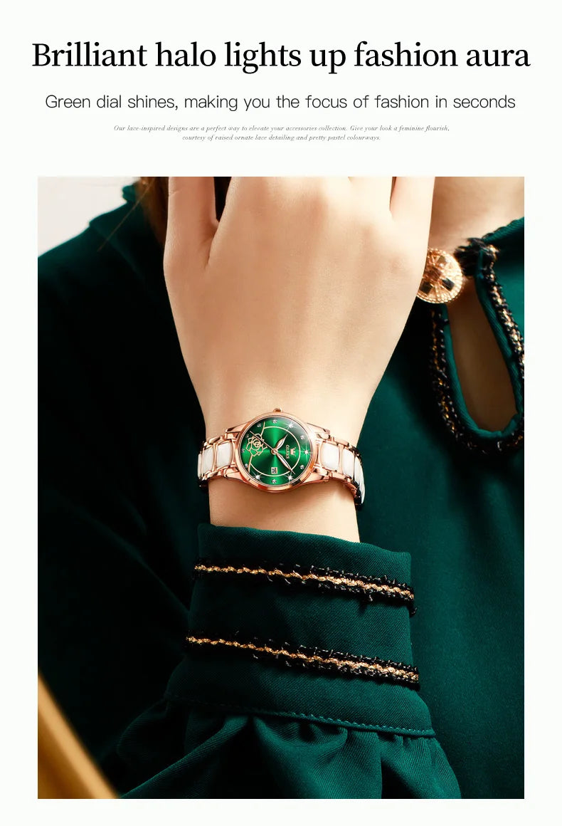 OLEVS Luxury Women Watch Camellia Quartz Japan Movement 30M Waterproof Watch For Women Ceramics Women Wristwatch