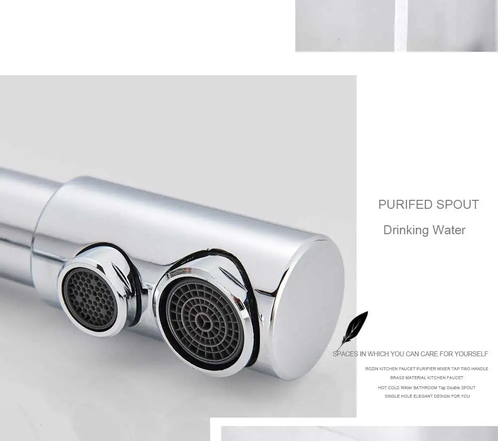 Chrome Purified Water Kitchen Faucet Pure Water Filter Deck Mounted Faucet Crane Dual Handles Hot Cold Water Mixer Taps