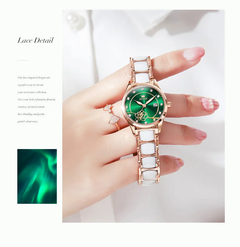 OLEVS Luxury Women Watch Camellia Quartz Japan Movement 30M Waterproof Watch For Women Ceramics Women Wristwatch