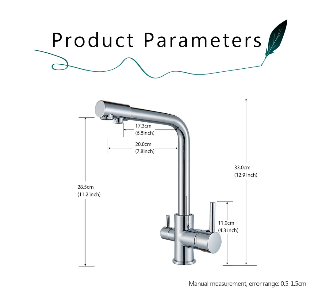 Chrome Purified Water Kitchen Faucet Pure Water Filter Deck Mounted Faucet Crane Dual Handles Hot Cold Water Mixer Taps