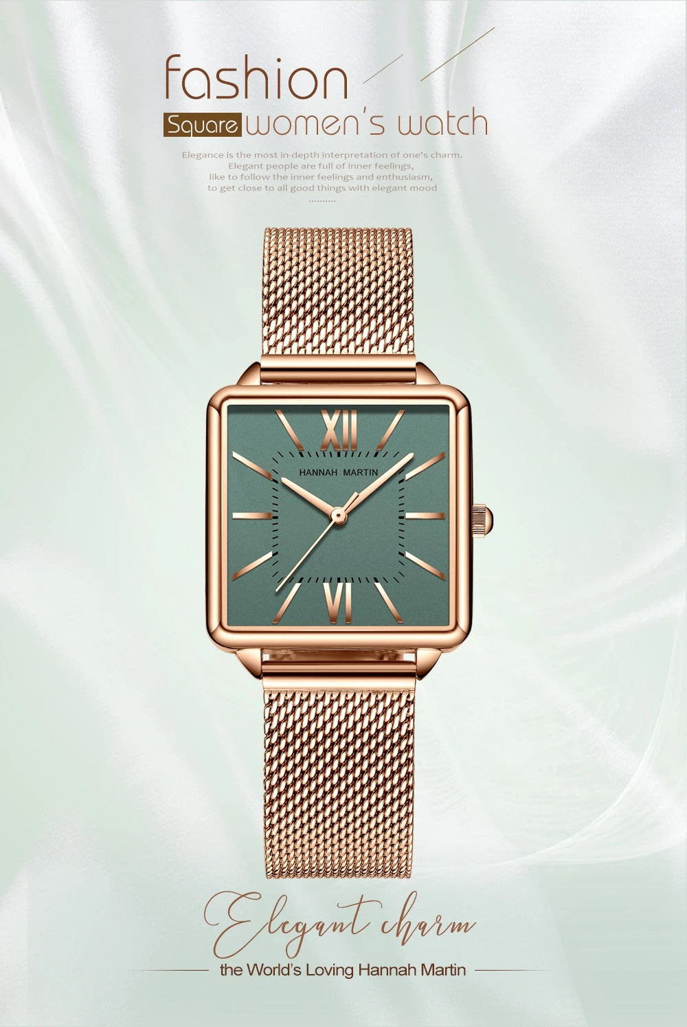 Japan Quartz Movement Green Dial Roman Square Watches Case Stanless Steel Fashion Wristwatch Ladies Rose Gold Watches For Women