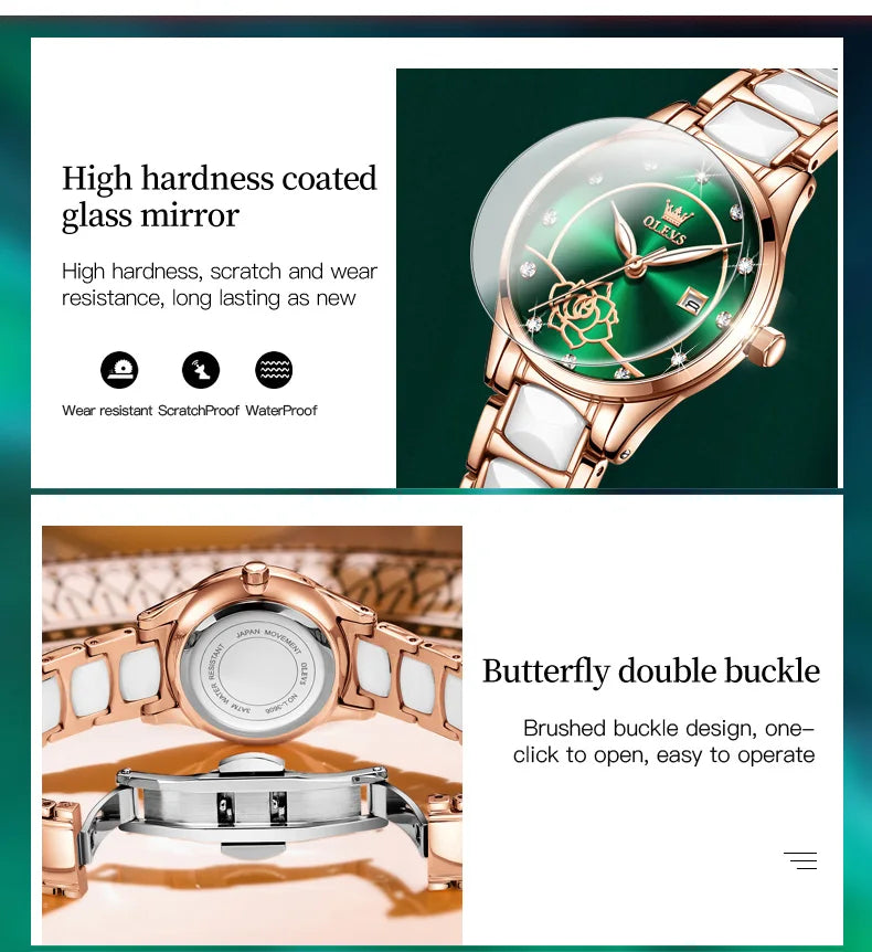 OLEVS Luxury Women Watch Camellia Quartz Japan Movement 30M Waterproof Watch For Women Ceramics Women Wristwatch