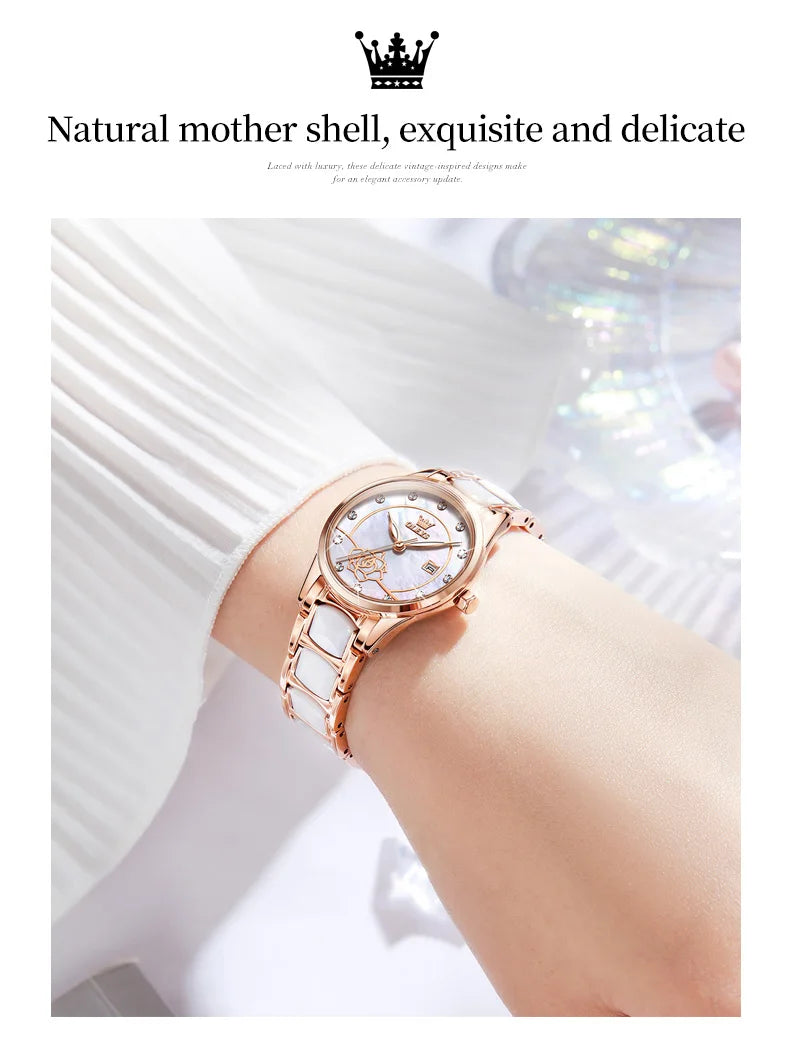 OLEVS Luxury Women Watch Camellia Quartz Japan Movement 30M Waterproof Watch For Women Ceramics Women Wristwatch
