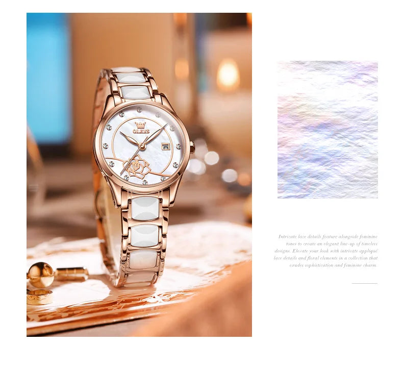 OLEVS Luxury Women Watch Camellia Quartz Japan Movement 30M Waterproof Watch For Women Ceramics Women Wristwatch
