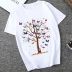 Women's Butterfly Tree Print Harajuku T-Shirt, Round Neck Top, Short Sleeve, Casual Summer Tee Shirt,Drop Ship