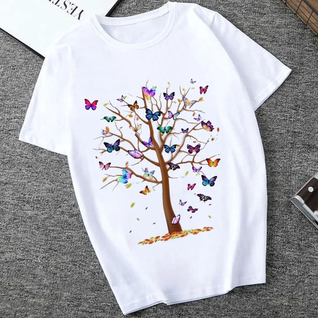 Women's Butterfly Tree Print Harajuku T-Shirt, Round Neck Top, Short Sleeve, Casual Summer Tee Shirt,Drop Ship