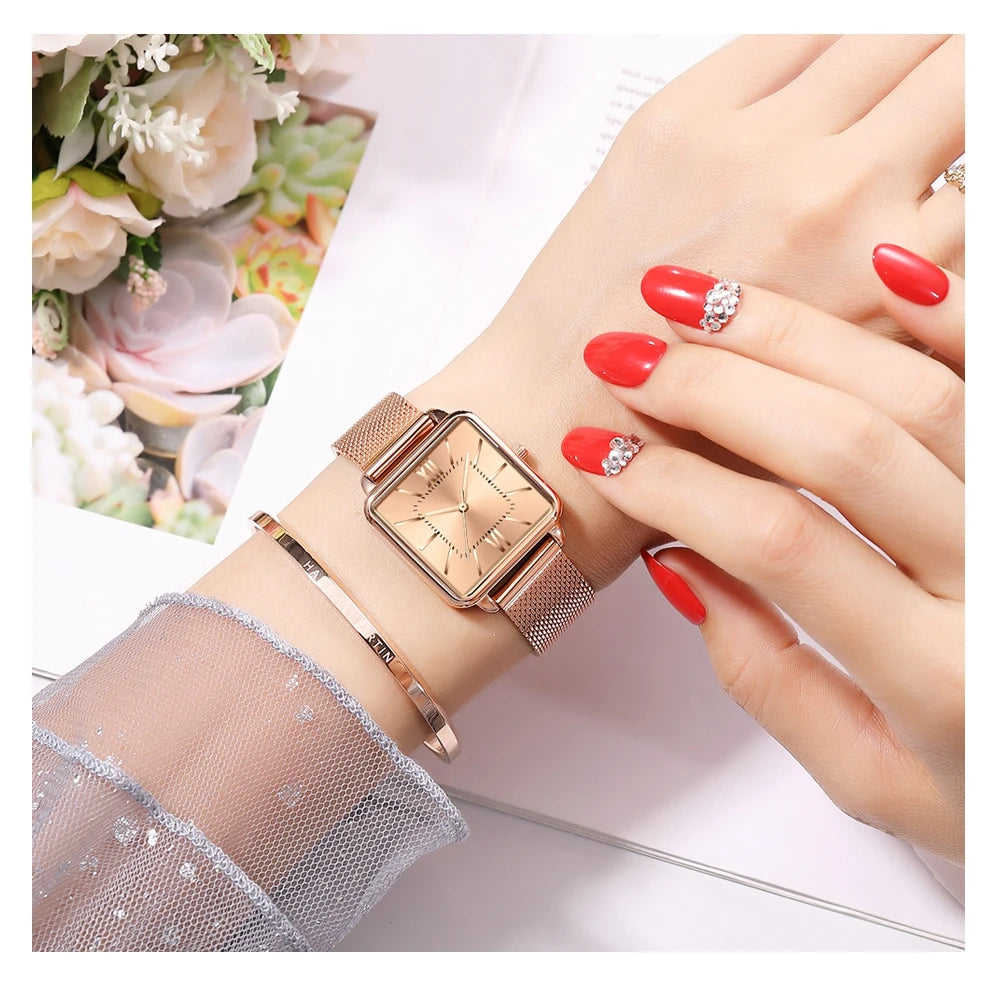 Japan Quartz Movement Green Dial Roman Square Watches Case Stanless Steel Fashion Wristwatch Ladies Rose Gold Watches For Women