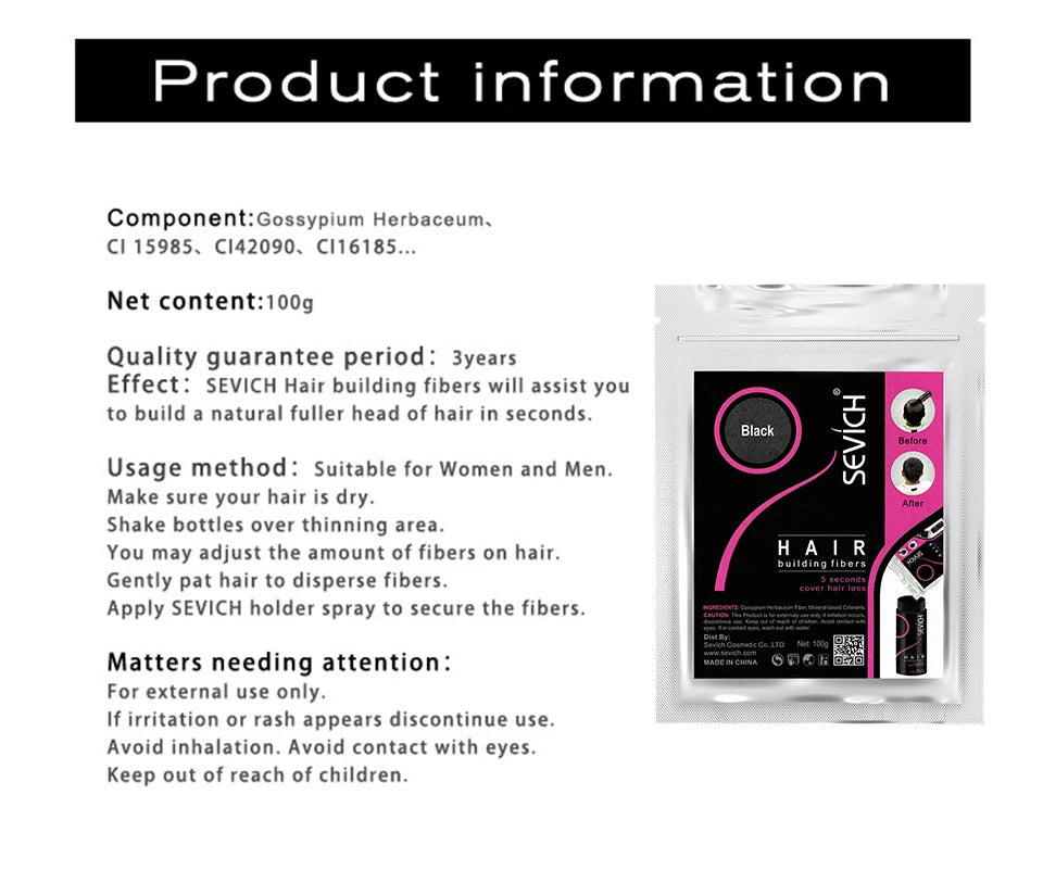 Sevich Refill 100g Hair Fiber Hair Loss Products Hair Building Fibers Powders Thicken Thin Hair 10 Colors Keratin Hair Regrowth