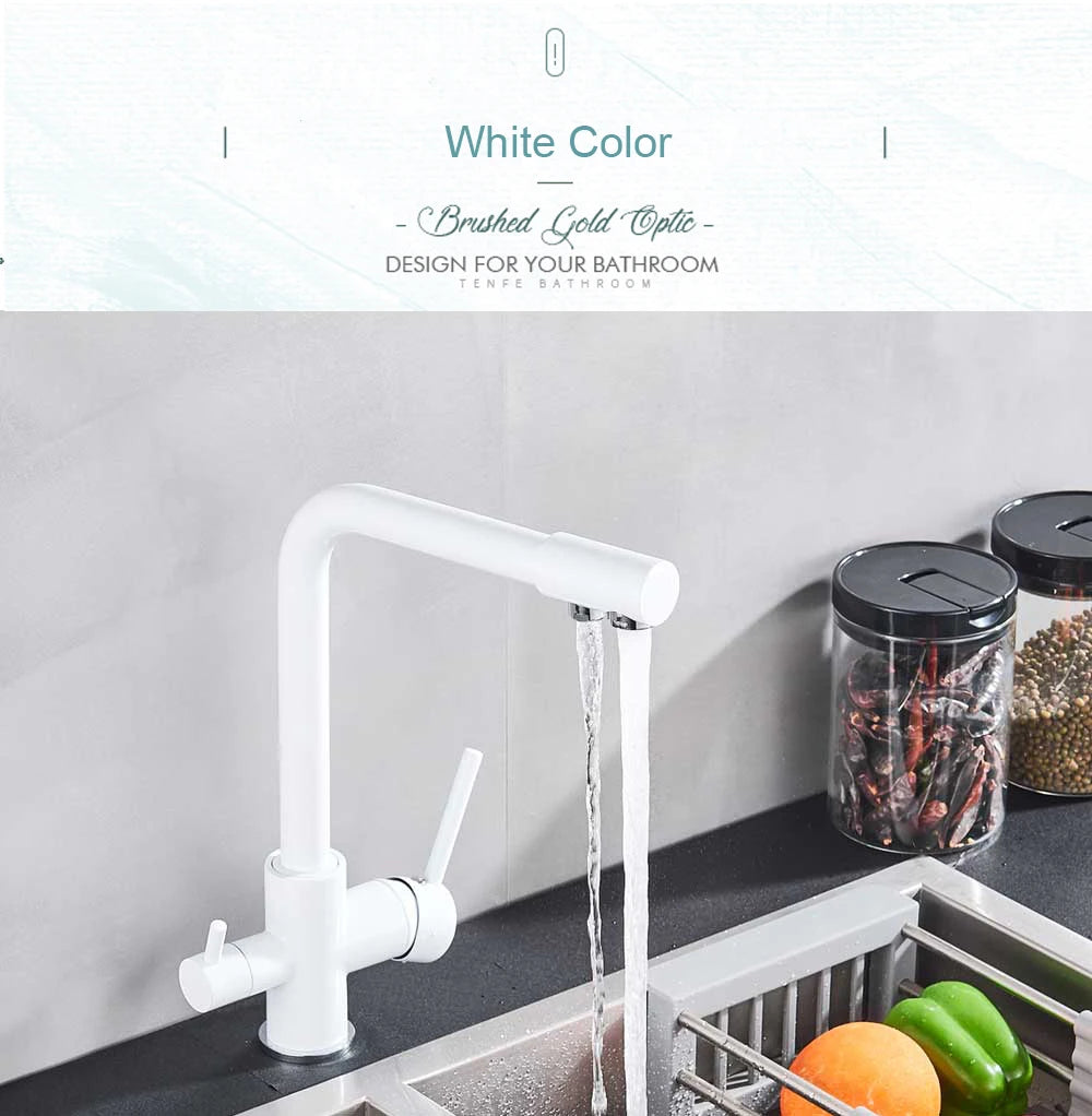 Chrome Purified Water Kitchen Faucet Pure Water Filter Deck Mounted Faucet Crane Dual Handles Hot Cold Water Mixer Taps