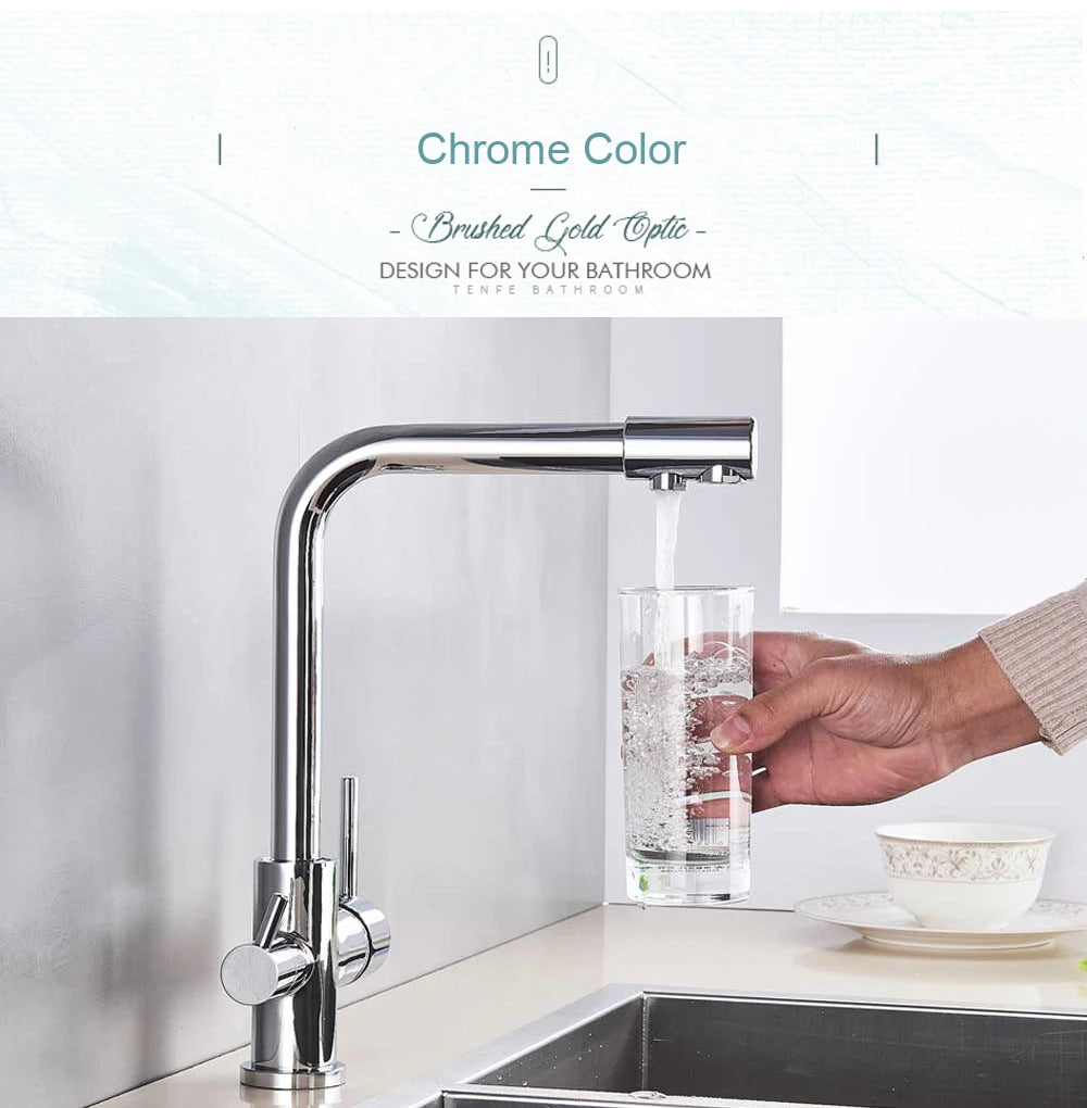 Chrome Purified Water Kitchen Faucet Pure Water Filter Deck Mounted Faucet Crane Dual Handles Hot Cold Water Mixer Taps
