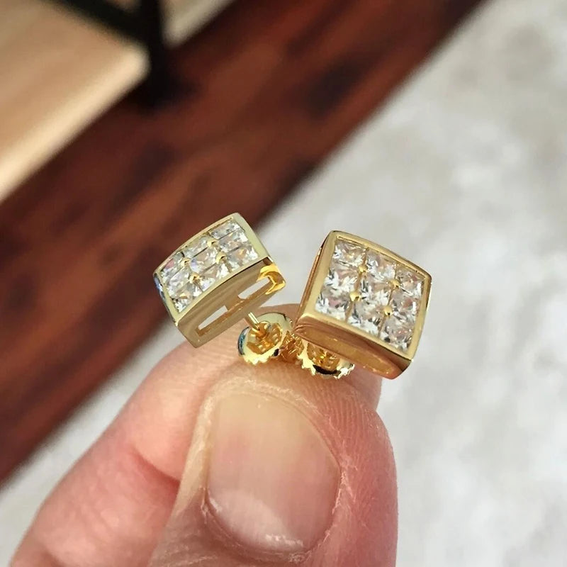 Huitan Luxury Gold Color Square Stud Earrings Women Ear Piercing with CZ Stone Simple Stylish Cool Earrings Hip Hop Jewelry