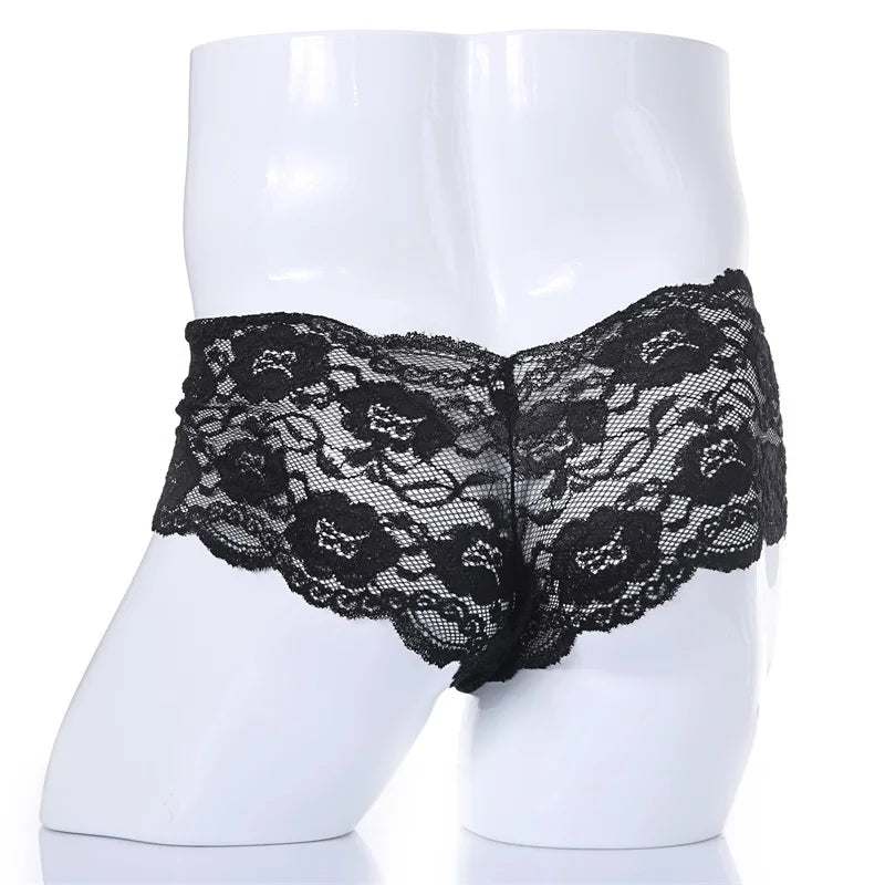Lace Sexy Underwear Men Boxers Hombre Man Sissy Transparent Ultra Thin Panties U Convex Pouch Boxer Shorts Underpants Cueca