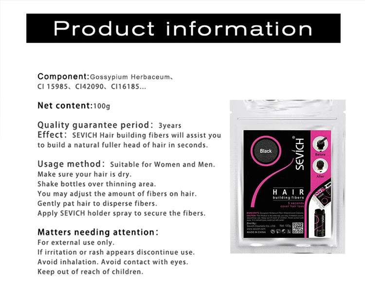 Sevich Hair Fiber Refill 100g Hair Loss Products Keratin Thickening Spray Hair Building Fibers Powders Keratin Hair Regrowth