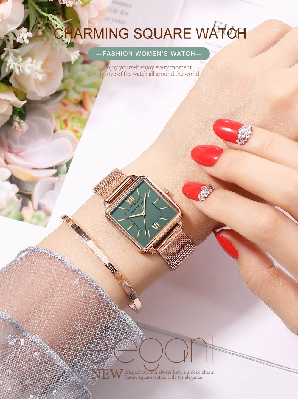Japan Quartz Movement Green Dial Roman Square Watches Case Stanless Steel Fashion Wristwatch Ladies Rose Gold Watches For Women