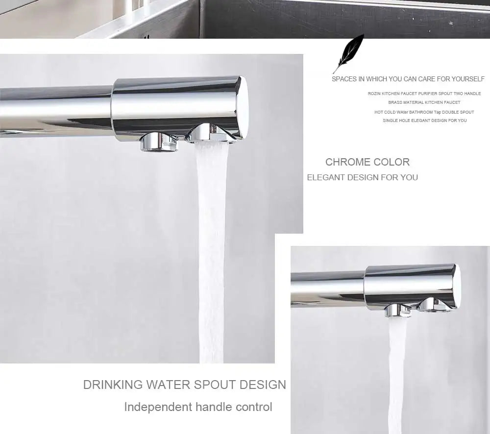 Chrome Purified Water Kitchen Faucet Pure Water Filter Deck Mounted Faucet Crane Dual Handles Hot Cold Water Mixer Taps