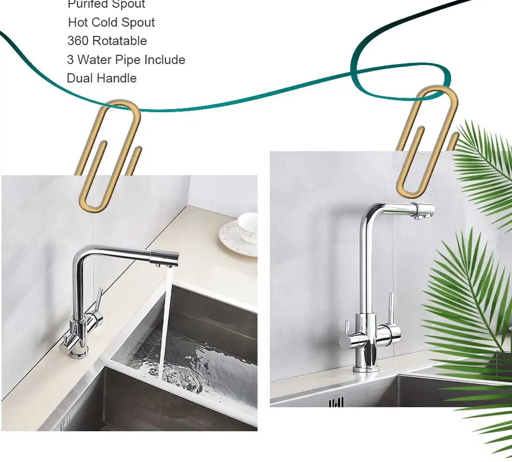 Chrome Purified Water Kitchen Faucet Pure Water Filter Deck Mounted Faucet Crane Dual Handles Hot Cold Water Mixer Taps