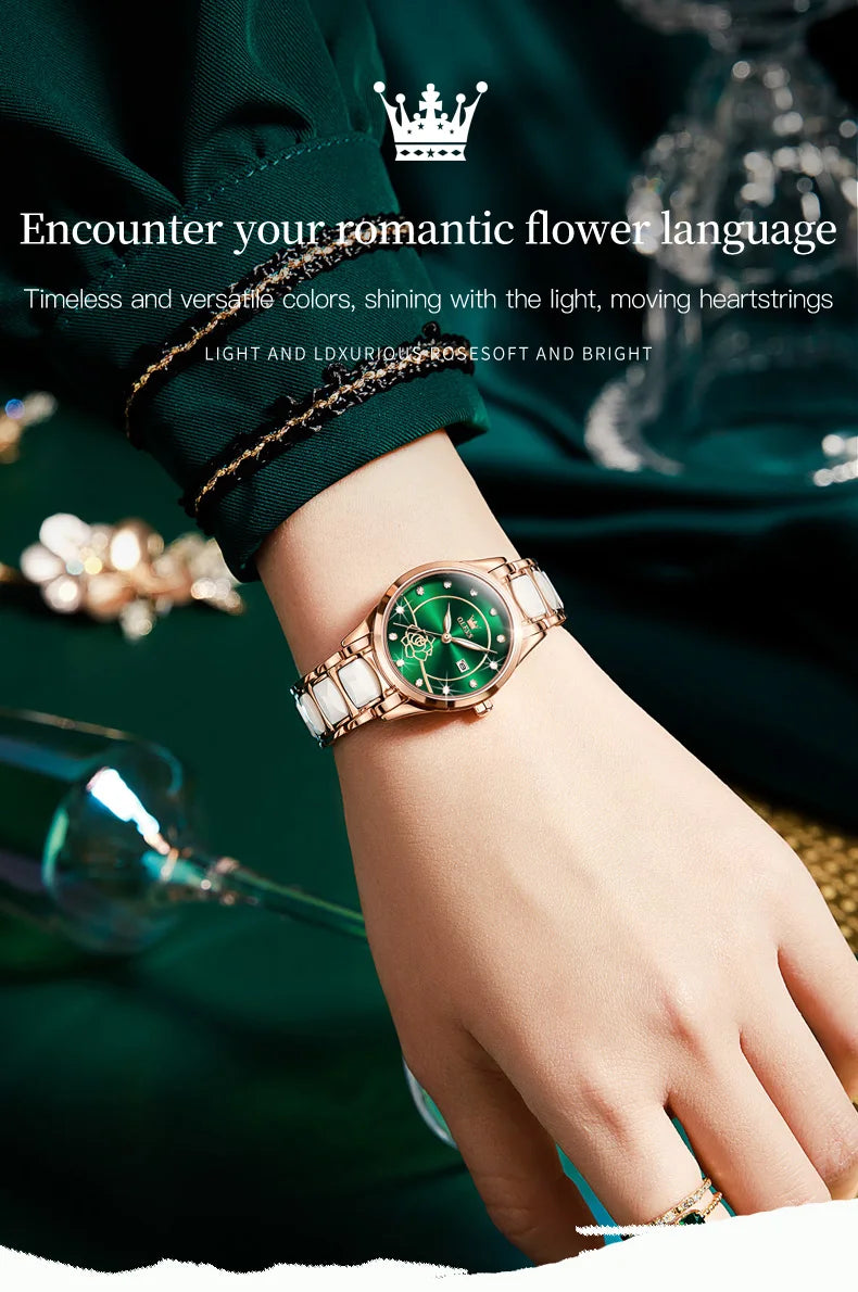 OLEVS Luxury Women Watch Camellia Quartz Japan Movement 30M Waterproof Watch For Women Ceramics Women Wristwatch