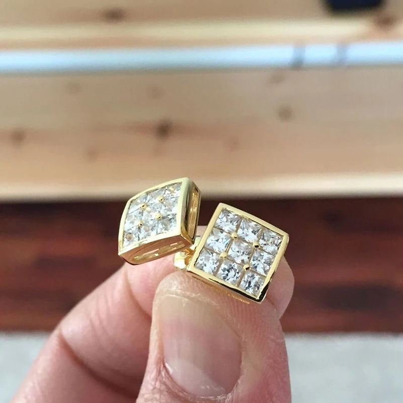 Huitan Luxury Gold Color Square Stud Earrings Women Ear Piercing with CZ Stone Simple Stylish Cool Earrings Hip Hop Jewelry