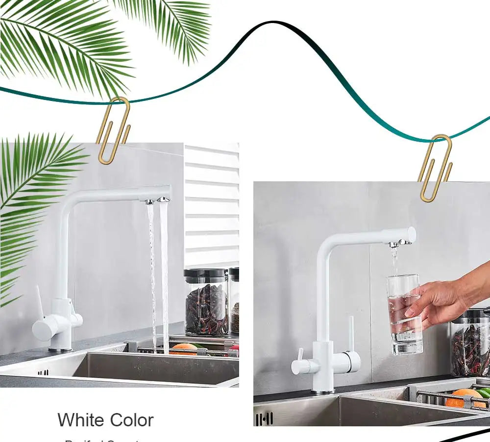 Chrome Purified Water Kitchen Faucet Pure Water Filter Deck Mounted Faucet Crane Dual Handles Hot Cold Water Mixer Taps