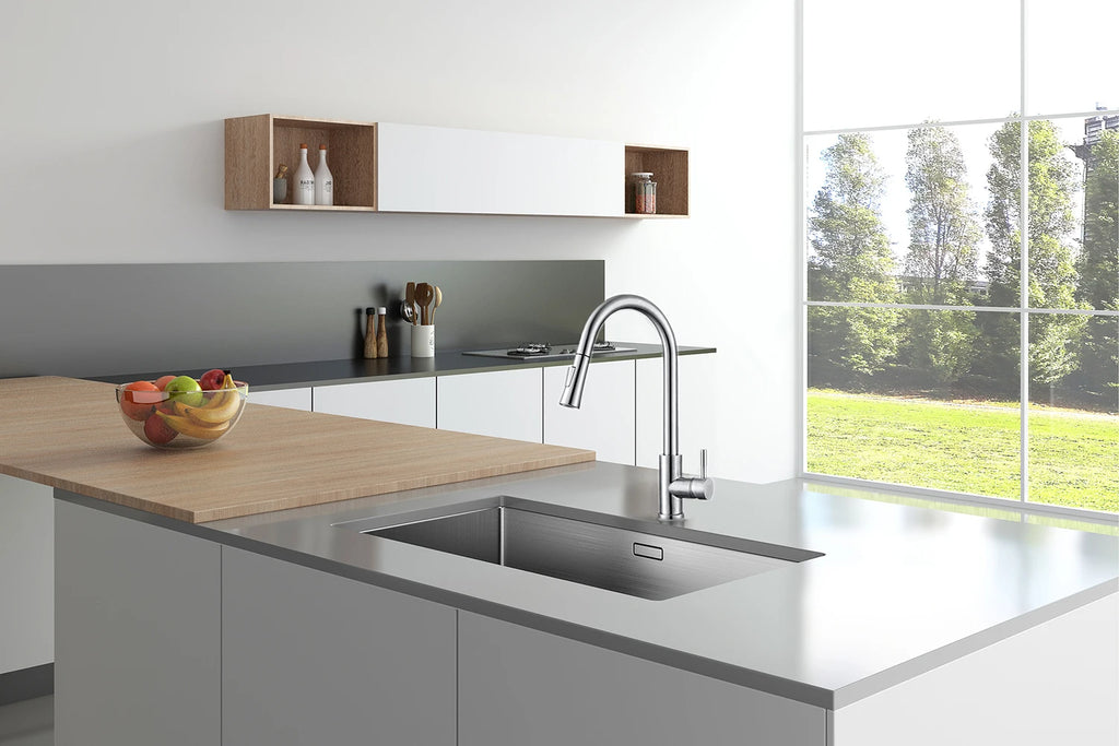 Stainless Steel Kitchen Faucet Single Hole Pull Out Spray 360° Swivel Sink Faucet High Arc Modern Design