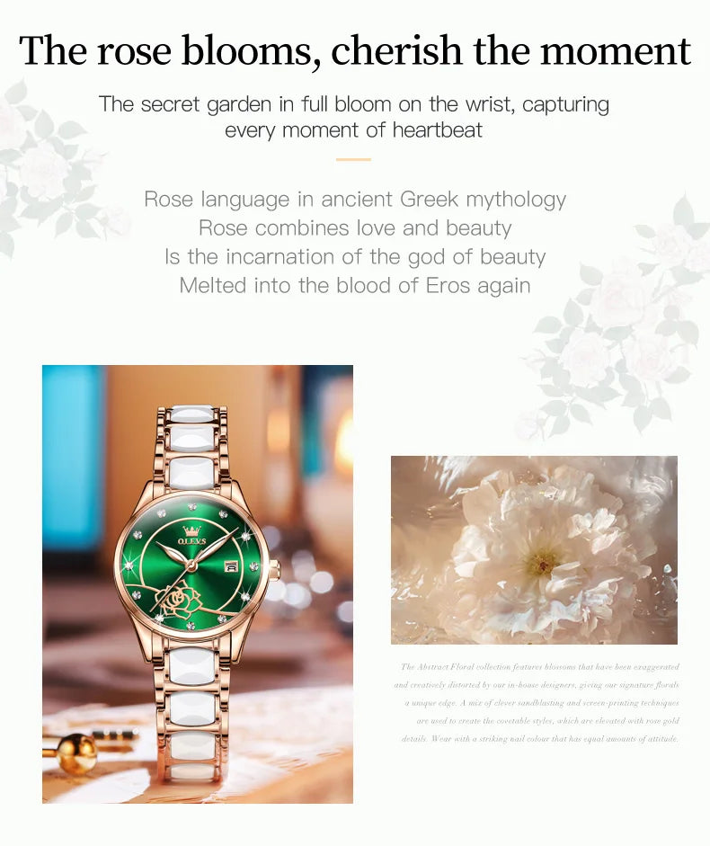 OLEVS Luxury Women Watch Camellia Quartz Japan Movement 30M Waterproof Watch For Women Ceramics Women Wristwatch