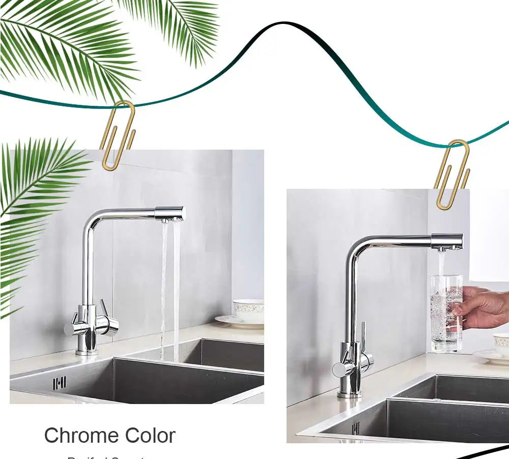 Chrome Purified Water Kitchen Faucet Pure Water Filter Deck Mounted Faucet Crane Dual Handles Hot Cold Water Mixer Taps