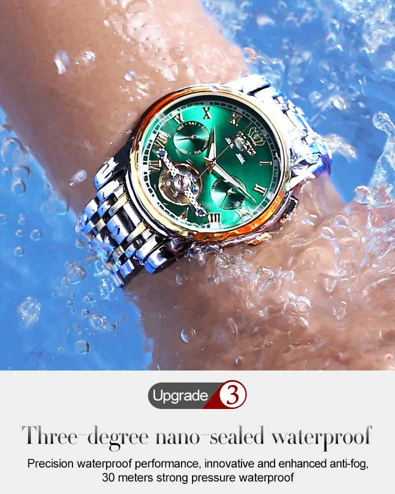 OLEVS Men's Watches Automatic Mechanical Business Wristwatch Waterproof Stainless Steel Strap Watch for Man Skeleton Calendar