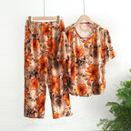 Mom's Casual Suit Ice Linen Butterfly Mesh Elastic Breathable Summer Cool Floral Tie-Dye Fashionable and Loose