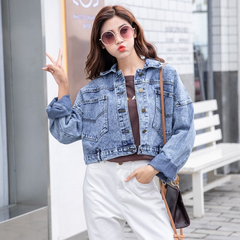2025 Autumn and Winter New Retro Korean Style Bat Sleeve Denim Tops Women's Short Easiest for Match Loose Bf Tops Top