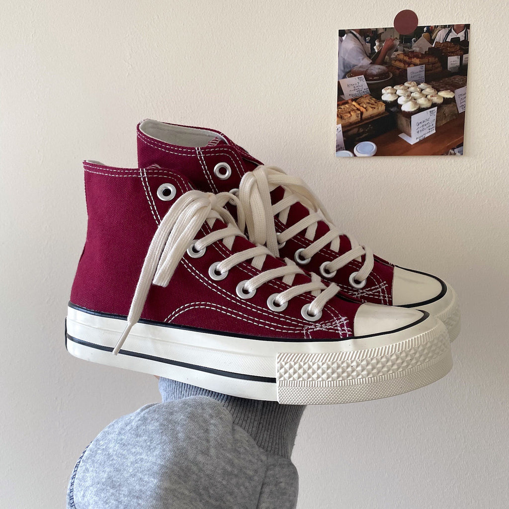 2025 Spring and Summer New Style Burgundy Versatile High-Top Canvas Shoes for Women Hong Kong Style Street Shoes for Women Ins