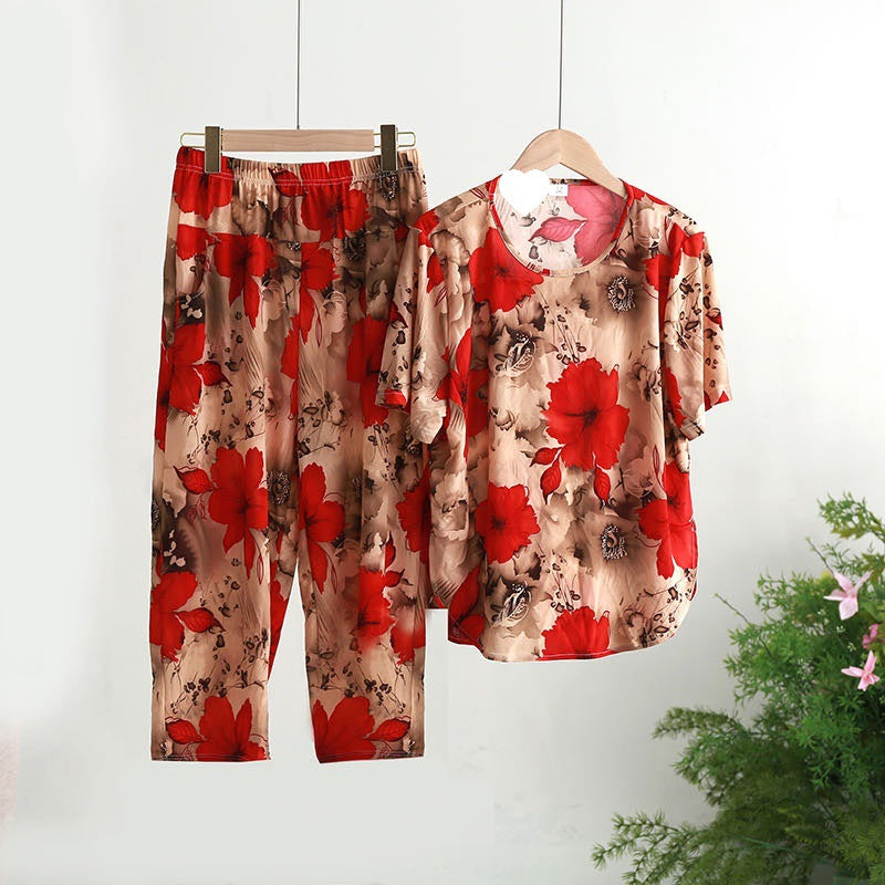 Mom's Casual Suit Ice Linen Butterfly Mesh Elastic Breathable Summer Cool Floral Tie-Dye Fashionable and Loose