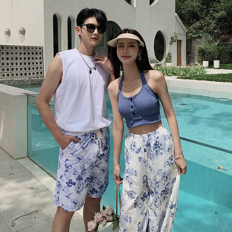 Couple Swimsuit Women's Split Pants Skirt Three-piece Set Small Fresh Slim Belly Covering Sexy Men's Beach Pants Hot Spring Swimsuit