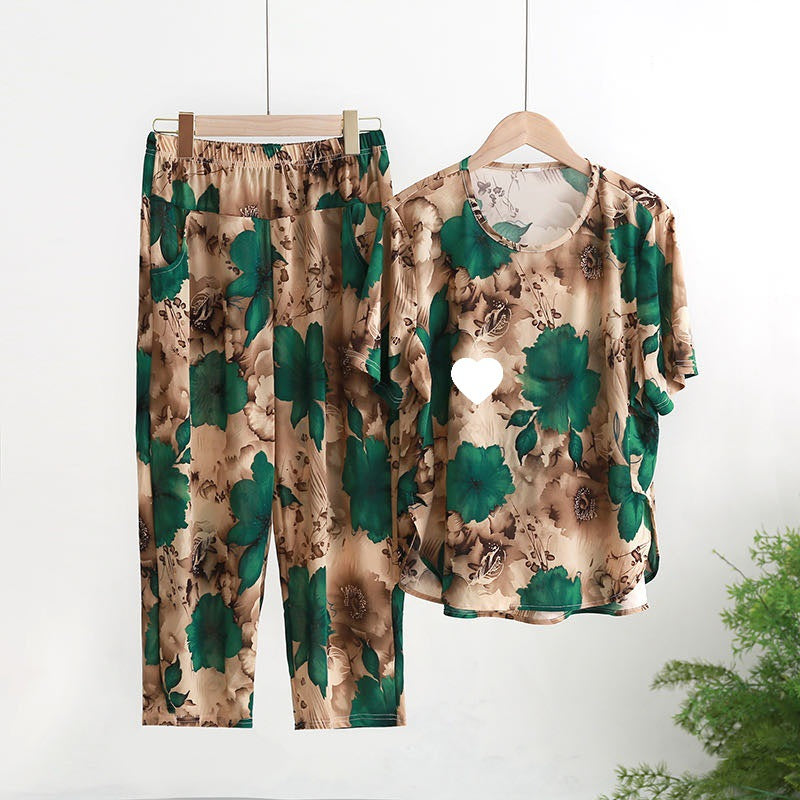 Mom's Casual Suit Ice Linen Butterfly Mesh Elastic Breathable Summer Cool Floral Tie-Dye Fashionable and Loose