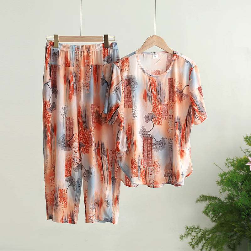 Mom's Casual Suit Ice Linen Butterfly Mesh Elastic Breathable Summer Cool Floral Tie-Dye Fashionable and Loose