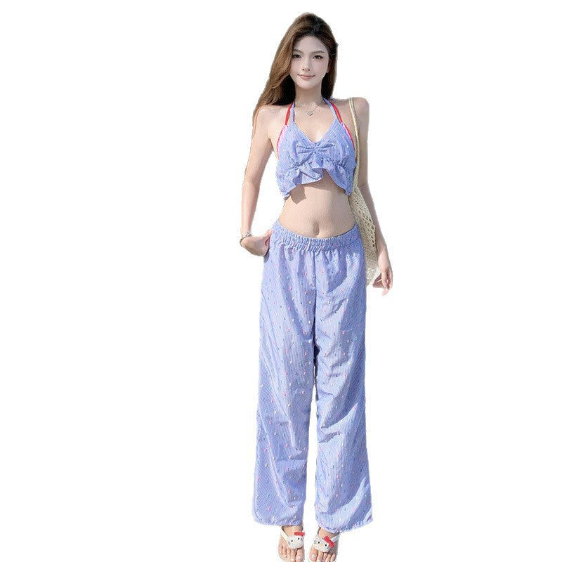 Japanese Sweet Girl Fresh Blue Plaid Bow Bikini Small Breasts Sexy Skirt Style Split Swimsuit for Women
