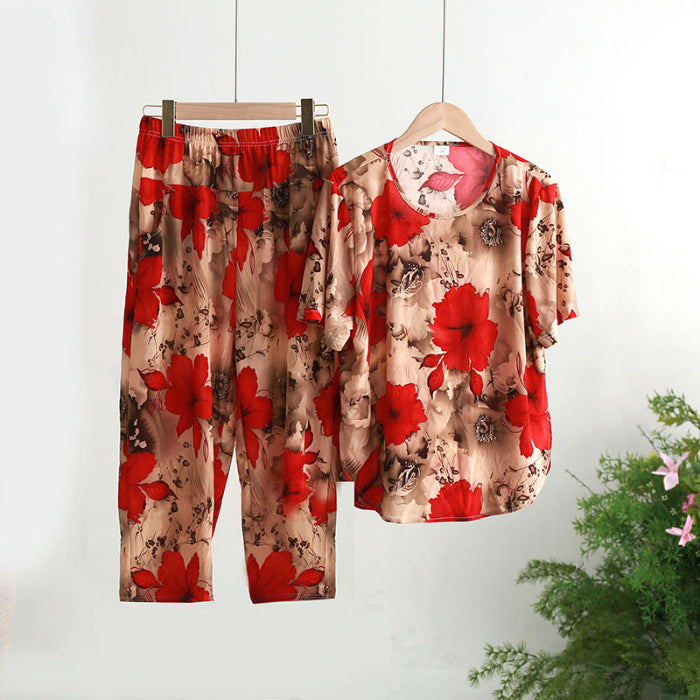 Mom's Casual Suit Ice Linen Butterfly Mesh Elastic Breathable Summer Cool Floral Tie-Dye Fashionable and Loose
