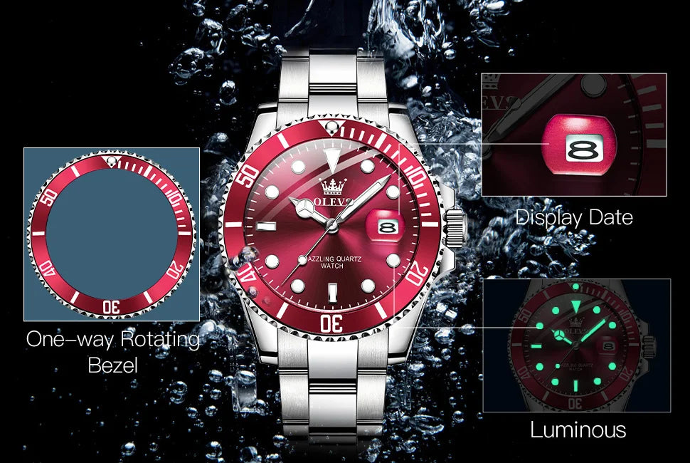 OLEVS 5885 Luxury Men Watch Diving Series Deep Waterproof Auto Date Stainless Steel NEW Red Dial Original Wristwatch