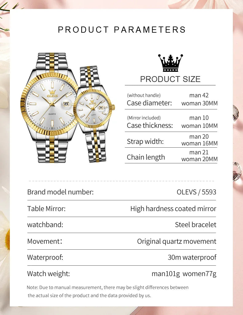 OLEVS 5593 Couple Watch Fashion Business Waterproof Stainless Steel Watch Luxury Brand Classic Date Week Clock Men Women Watch